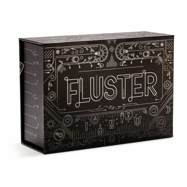 Fluster - Black rectangular box with white intricate line art and "FLUSTER" in bold uppercase letters on the front.