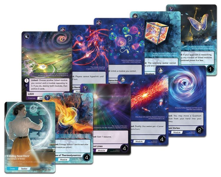 Seeker Chronicles - Set of colorful strategy card game cards featuring cosmic and fantasy-themed artwork with vibrant blues, purples, and fiery.