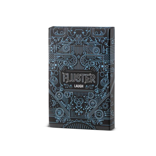Fluster: Laugh Pack (PREORDER) - Black rectangular card pack with intricate blue circuit-like line art and "Fluster Laugh" text on the front.