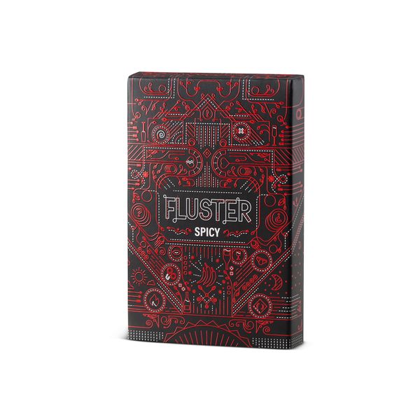 Fluster: Spicy Pack (PREORDER) - Black rectangular game card box with intricate red circuit-like patterns and white text reading "Fluster Spicy Pack".