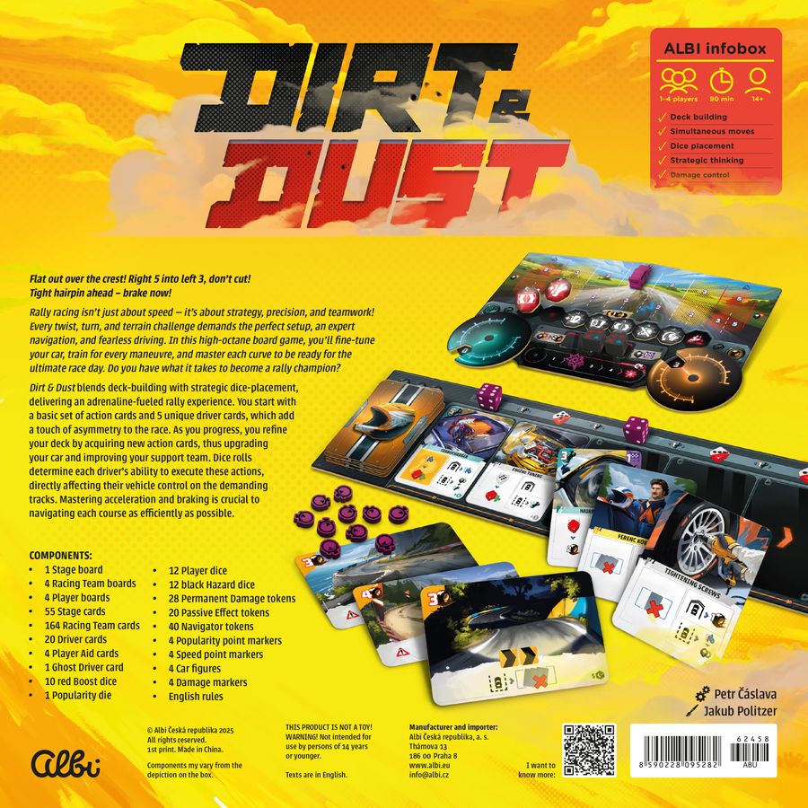 Dirt & Dust - Dirt & Dust board game box with colorful race cars, game cards, tokens, and vibrant yellow and orange background.