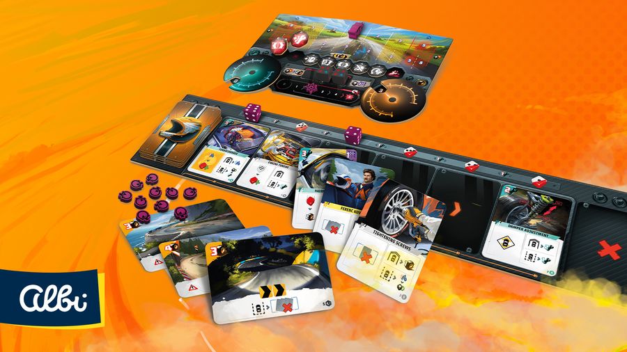 Dirt & Dust - Board game setup featuring racing and mechanical-themed cards, tokens, and a circular spinner on a vibrant orange background.