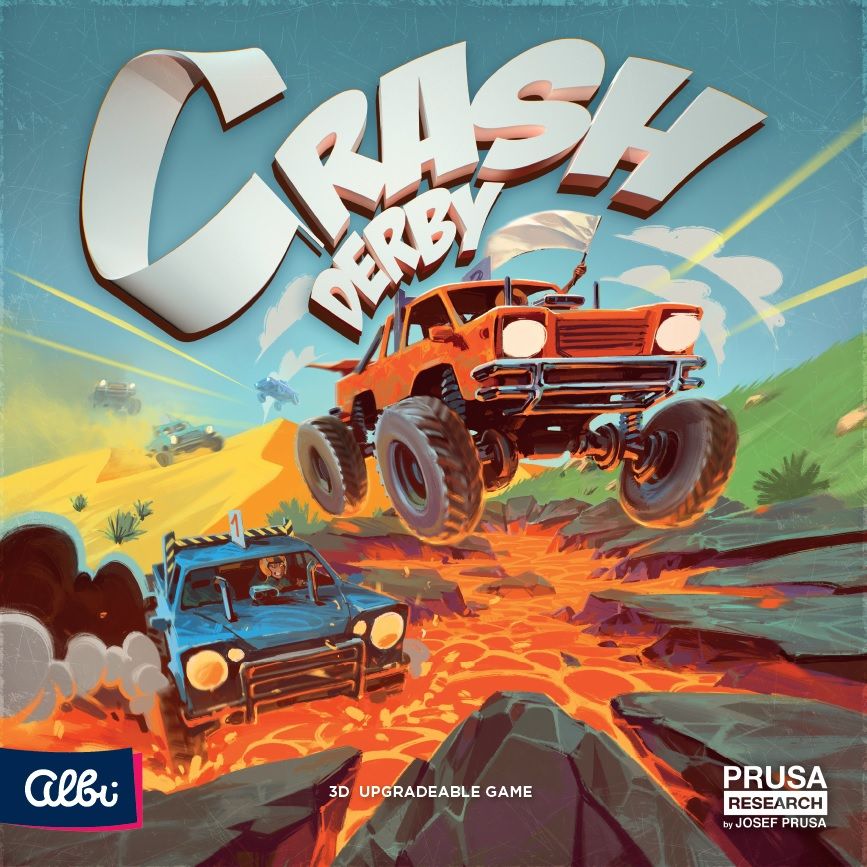 Crash Derby - Colorful game box art showing an orange monster truck jumping over rugged terrain with a smaller blue car on a dirt track.