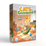 Cats vs Cucumbers (PREORDER) - Colorful game box featuring animated cats reacting to a large green cucumber in a cozy living room setting.