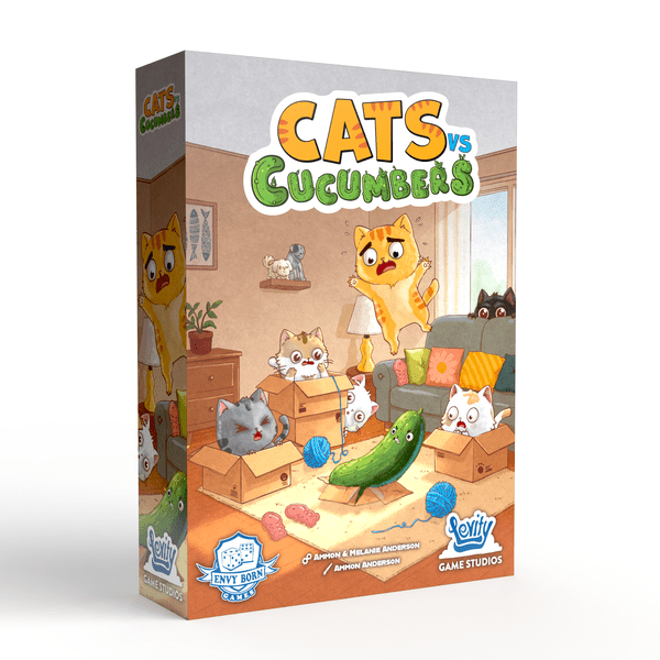 Cats vs Cucumbers (PREORDER) - Colorful game box featuring animated cats reacting to a large green cucumber in a cozy living room setting.