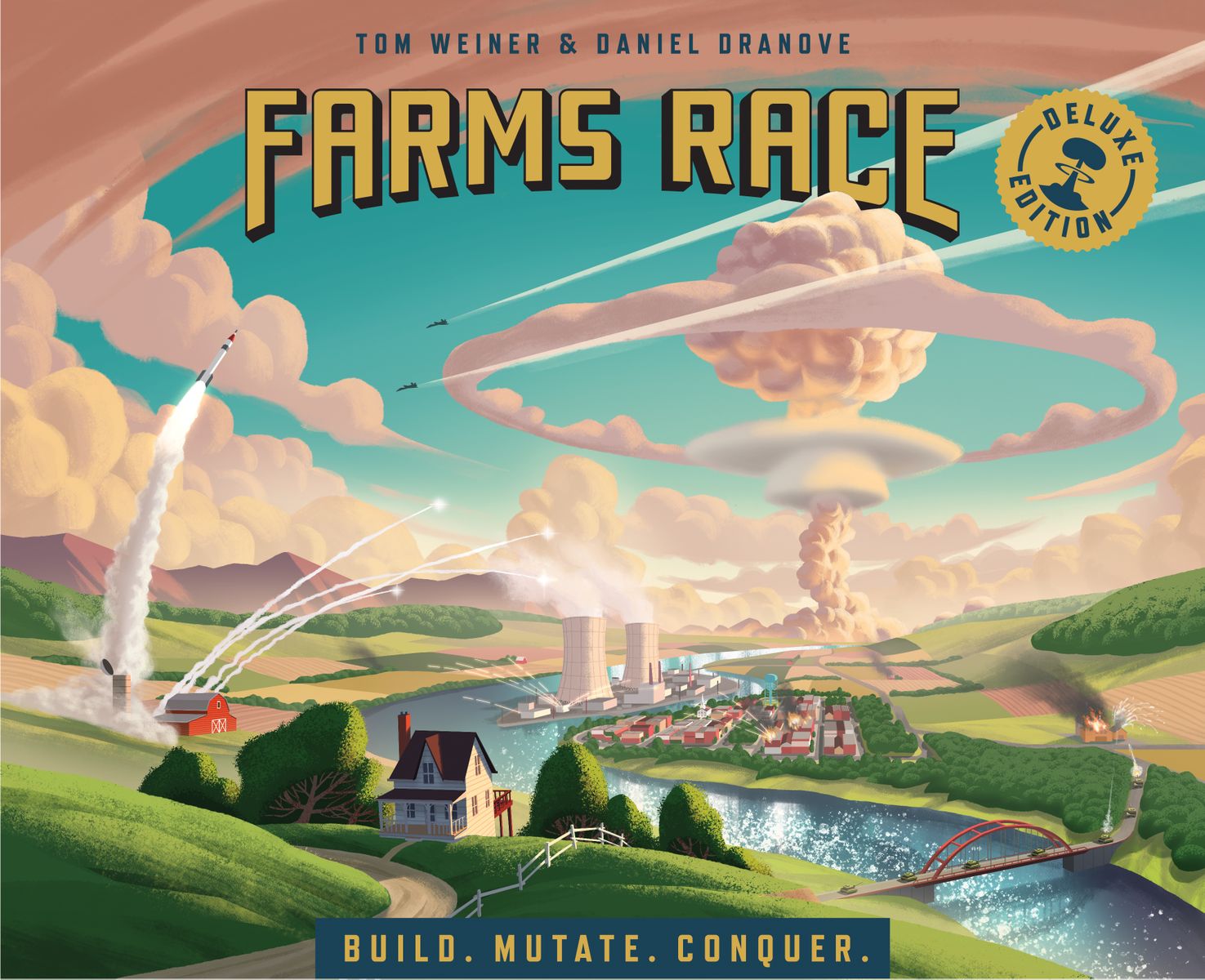 Farms Race: Deluxe Edition (PREORDER) - Colorful board game box cover featuring a scenic rural landscape with farms, hills, spiral clouds, and a futuristic smoke.