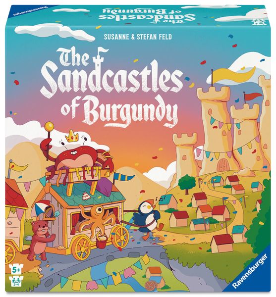 The Sandcastles of Burgundy - Colorful board game box with castle towers, pirate ship, and cheerful characters under a bright sky.