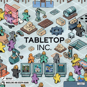 Tabletop Inc (PREORDER) - Colorful meeple figures, wooden crates, barrels, gears, scaffolding, and cards arranged on a light blue gameboard with.