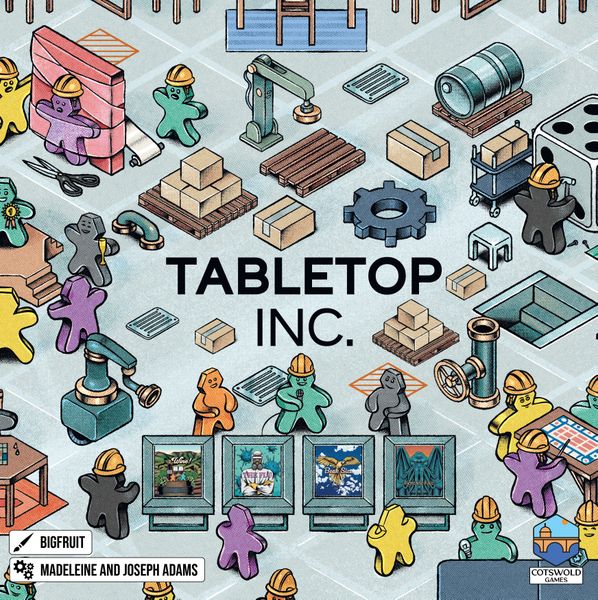 Tabletop Inc (PREORDER) - Colorful meeple figures, wooden crates, barrels, gears, scaffolding, and cards arranged on a light blue gameboard with.