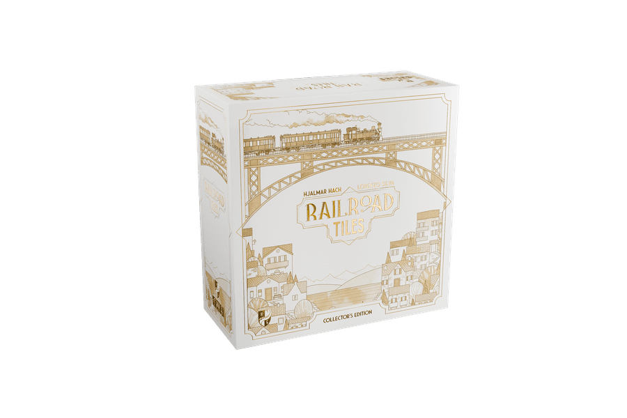 Railroad Tiles: Collector's Edition - Cream and gold decorative box with vintage railroad and train illustrations for a board game expansion set.