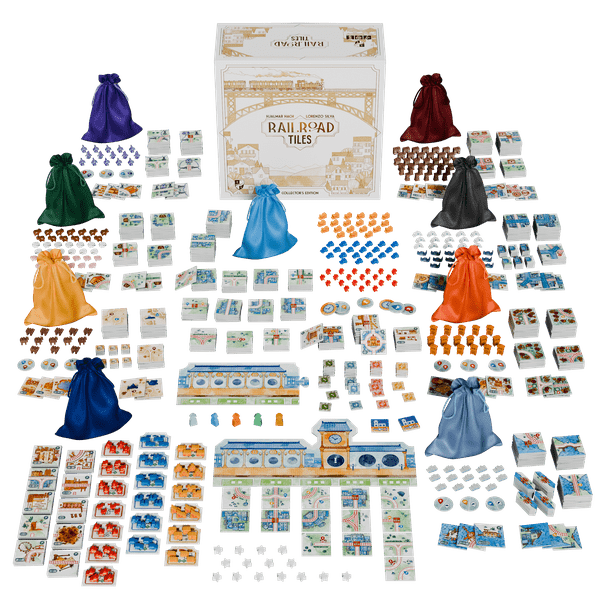 Railroad Tiles: Collector's Edition - Railroad Tiles Collector’s Edition board game set with colorful player bags, numerous cards, tokens, and game tiles arranged