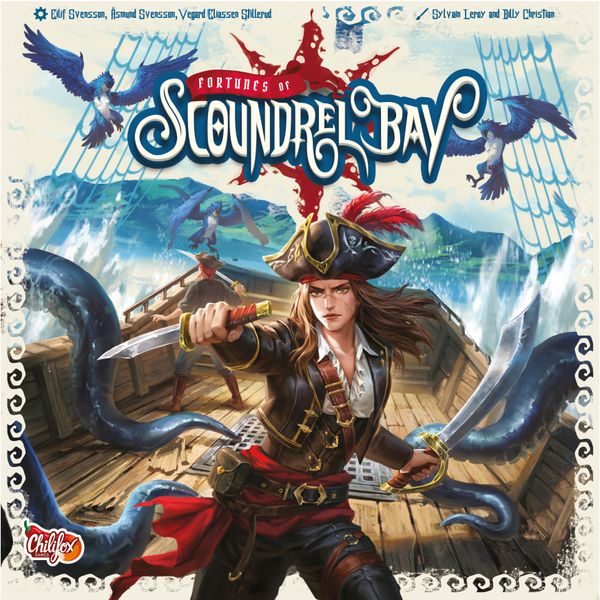 Fortunes of Scoundrel Bay (PREORDER) - Board game box featuring a pirate woman wielding a sword on a ship, with tentacles and seagulls in the stormy sea background.