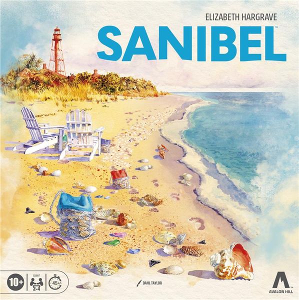 Sanibel - Sanibel board game cover art with sandy beach, seashells, lighthouse, and ocean waves in watercolor style.