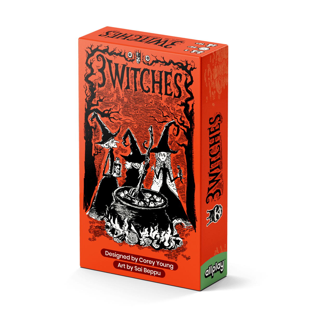 3 Witches - Orange card game box featuring three witches stirring a cauldron with black, white, and red illustrations.