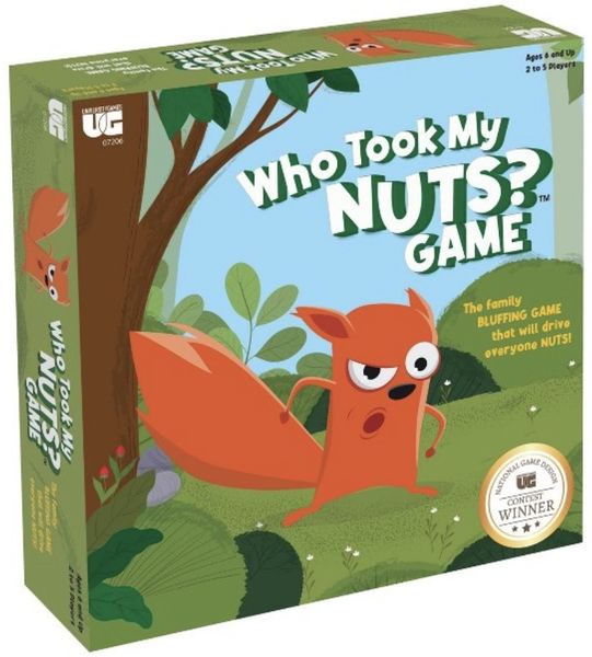 Who Took My Nuts? (PREORDER) - Square game box with cartoon squirrel holding a nut in green forest setting, titled Who Took My Nuts? Game.