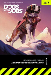 Dogs with Jobs - Card game box featuring an illustration of a brown and white working dog wearing a harness, standing on a rocky mountain.