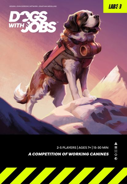 Dogs with Jobs - Card game box featuring an illustration of a brown and white working dog wearing a harness, standing on a rocky mountain.