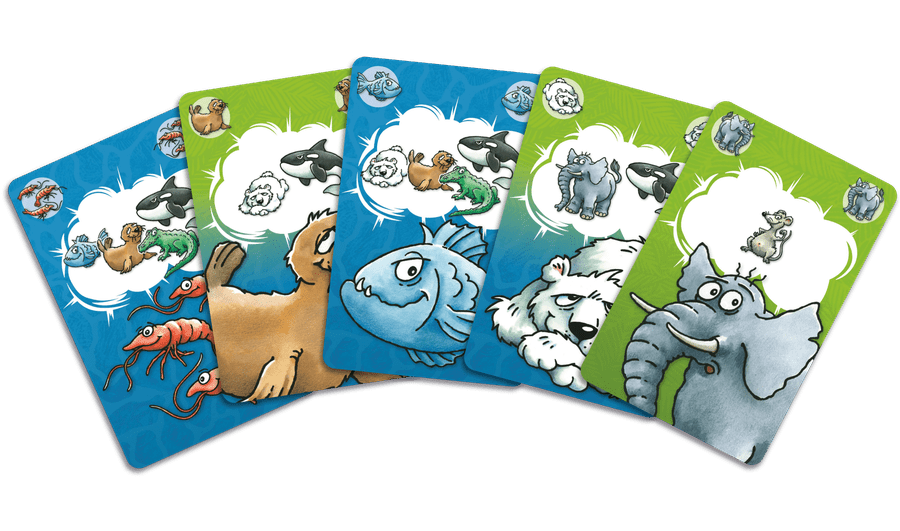 Frank's Zoo (PREORDER) - Colorful animal-themed cards with playful illustrations of crabs, birds, fish, and elephants on blue and green backgrounds.