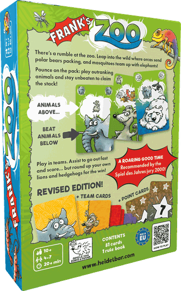 Frank's Zoo (PREORDER) - Bright green Frank’s Zoo card game box with cartoon animals and playful typography on front cover.