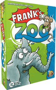 Frank's Zoo (PREORDER) - Bright green box for Frank's Zoo card game featuring cartoon elephant and goat illustrations with bold red and white text.