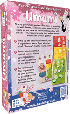 Umami (PREORDER) - Colorful card game box with playful font, featuring forest and food illustrations, labeled Umami PREORDER.