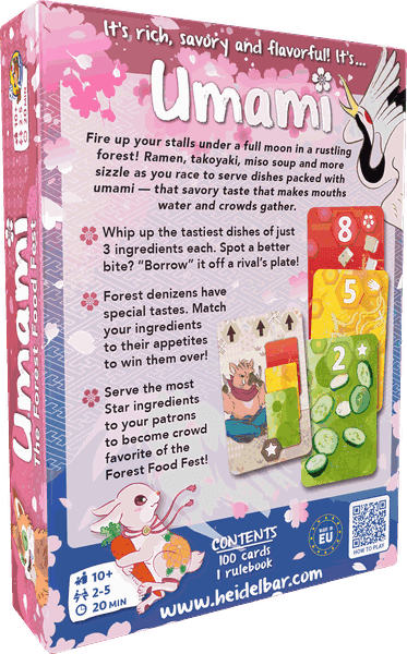 Umami (PREORDER) - Colorful card game box with playful font, featuring forest and food illustrations, labeled Umami PREORDER.