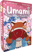 Umami (PREORDER) - Umami card game box with pink background, featuring a red panda character eating noodles and colorful food illustrations.