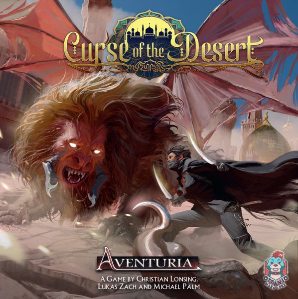 Aventuria, 2e: Curse of the Desert Expansion (PREORDER) - Board game expansion box with a fierce, glowing-eyed lion and a cloaked figure battling in a desert setting against a.