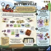 The Glorious Guilds of Buttonville - Colorful board game setup with illustrated map, cards, tokens, and player pieces displayed on white background.