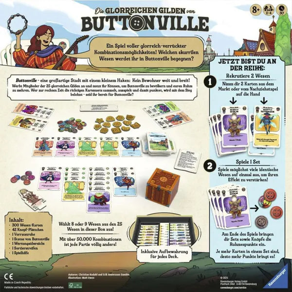 The Glorious Guilds of Buttonville - Colorful board game setup with illustrated map, cards, tokens, and player pieces displayed on white background.