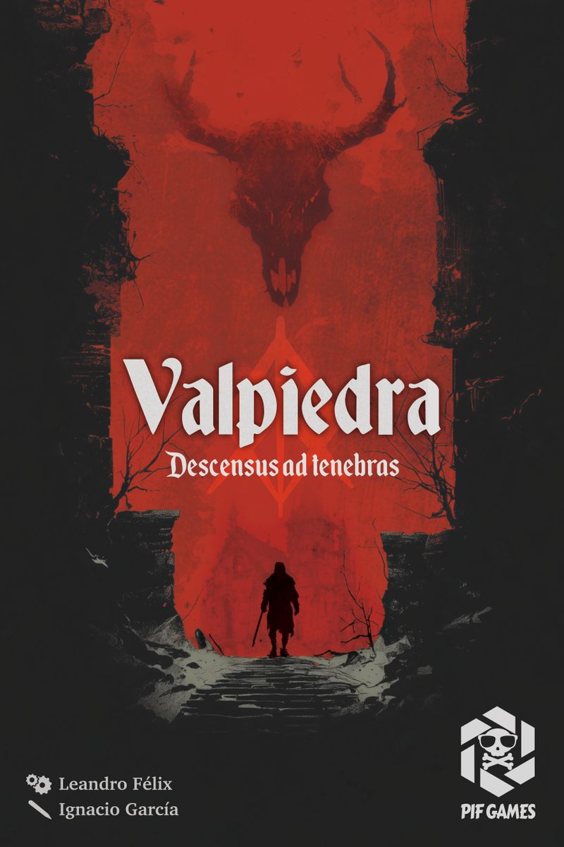 Valpiedra (PREORDER) - Board game box cover with a dark red background featuring a large bull skull silhouette and a small figure standing below,.