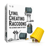 Lying, Cheating Racoons - White game box with cartoon raccoons and trash cans, yellow cup with dice spilling out.