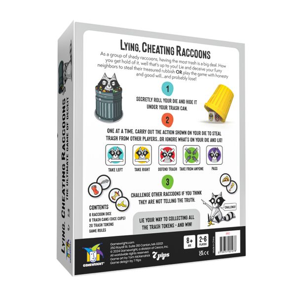 Lying, Cheating Racoons - White rectangular box with colorful cartoon raccoon characters and playful text detailing a family card game called Lying,.