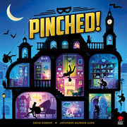 Pinched! - Colorful haunted house board game cover with multiple windows showing silhouettes of characters, moon, bats, and a clock.
