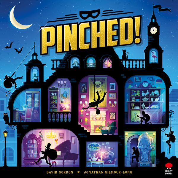 Pinched! - Colorful haunted house board game cover with multiple windows showing silhouettes of characters, moon, bats, and a clock.