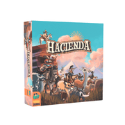 Hacienda (PREORDER) - Square game box with colorful western ranch artwork featuring cowboys, horses, and desert animals under a bright sky, titled