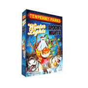 Tenpenny Parks: Winter Lights & Spooky Nights Expansion (PREORDER) - Blue and purple game box for Tenpenny Parks expansion featuring winter lights and spooky Halloween characters with huskies.