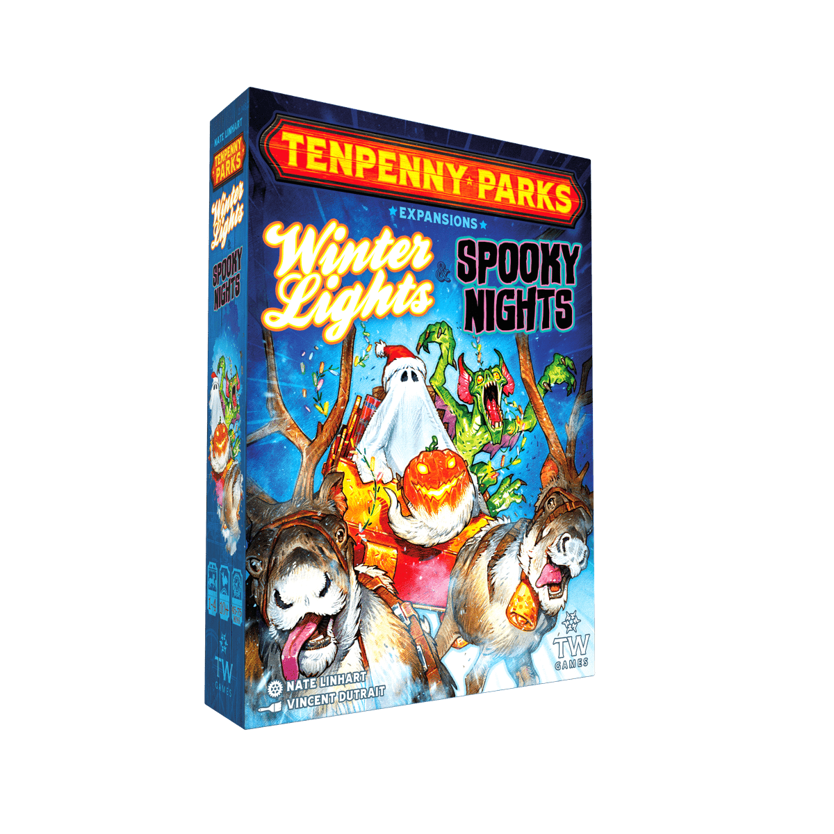 Tenpenny Parks: Winter Lights & Spooky Nights Expansion (PREORDER) - Blue and purple game box for Tenpenny Parks expansion featuring winter lights and spooky Halloween characters with huskies.