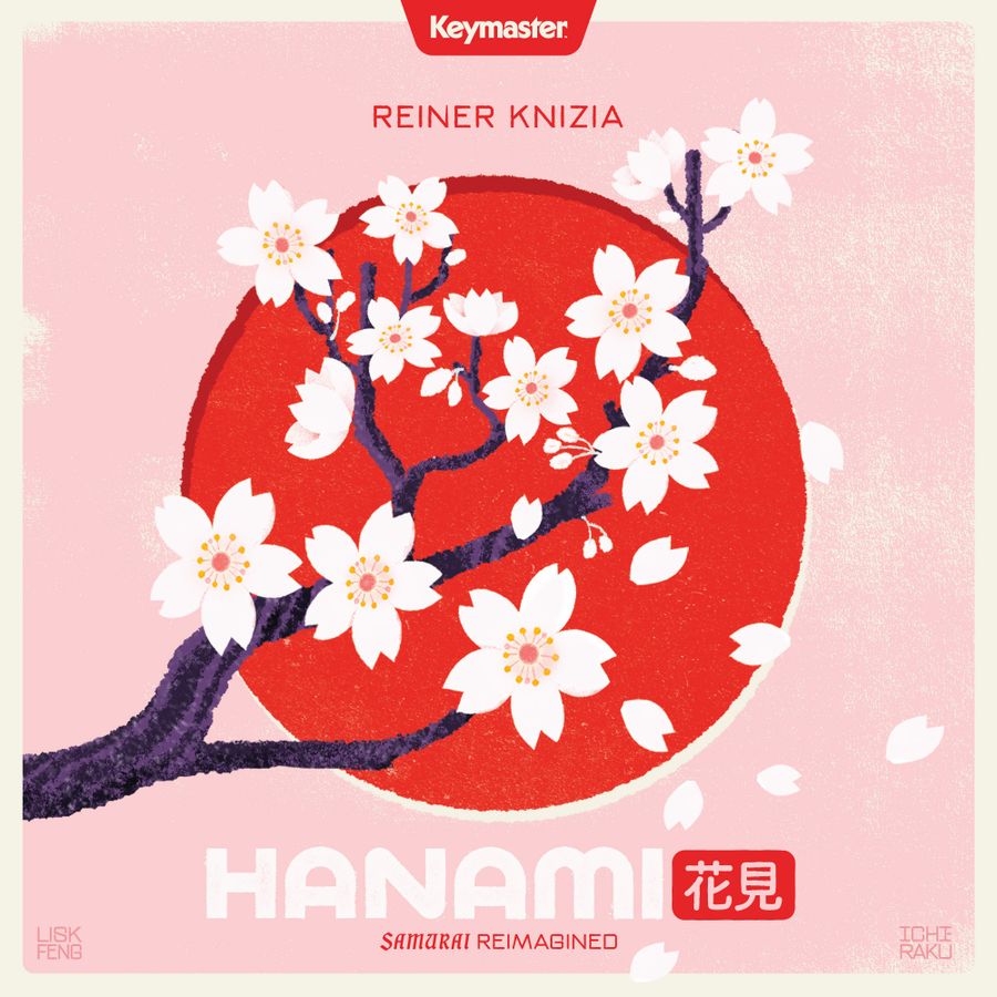 Hanami (PREORDER) - Board game cover with white cherry blossoms on dark branches against a large red circle on a pale pink background.