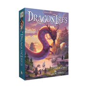 DragonIsles - DragonIsles board game box featuring a large red dragon soaring over a fantasy landscape with characters and mountains at.
