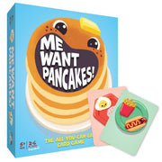 Me Want Pancakes - Blue box with a smiling stack of pancakes and bold white text "Me Want Pancakes!" on the cover, two colorful cartoon food.