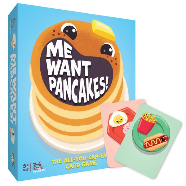 Me Want Pancakes - Blue box with a smiling stack of pancakes and bold white text "Me Want Pancakes!" on the cover, two colorful cartoon food.