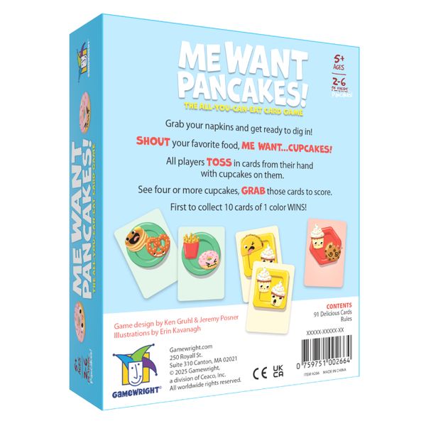 Me Want Pancakes - Blue rectangular box with "Me Want Pancakes!" title and colorful illustrated game cards featuring pancakes and cupcakes on.