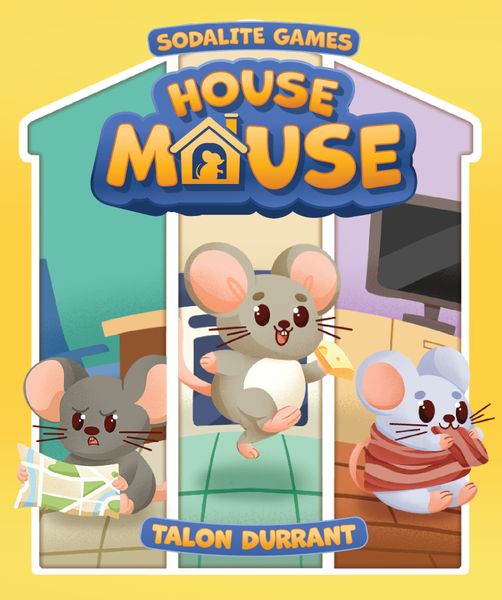 House Mouse - Colorful board game box featuring three animated mice characters in a playful home setting, with bold yellow and blue "House