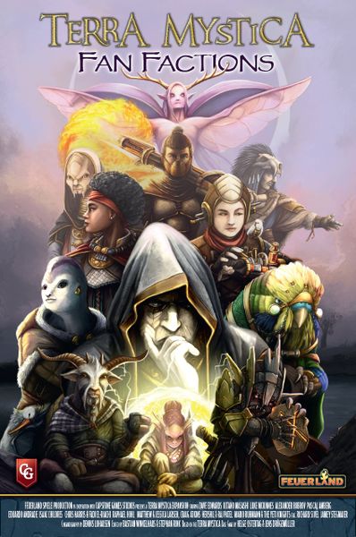 Terra Mystica: Fan Fictions Expansion (PREORDER) - Terra Mystica Fan Fictions board game expansion box with fantasy character illustrations and purple mist background.