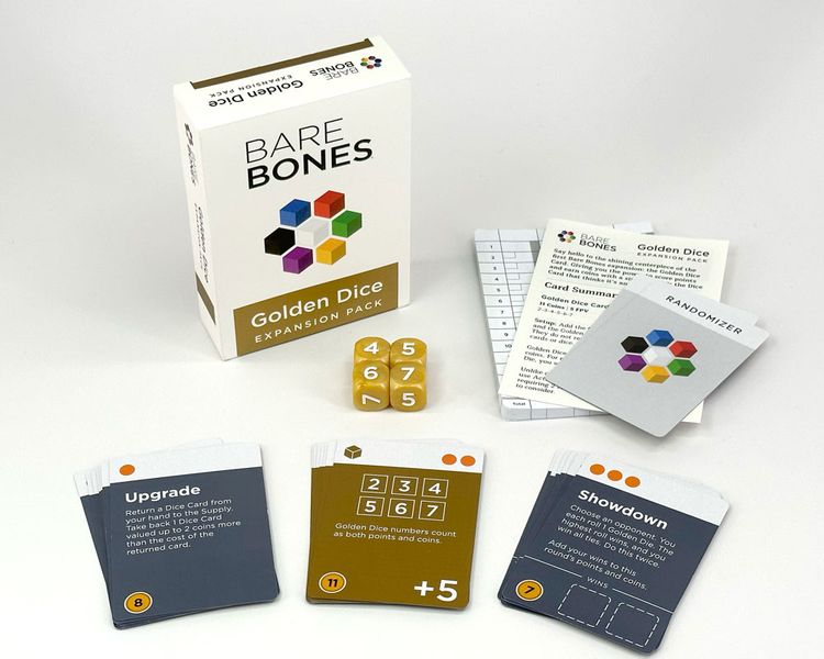Bare Bones: Golden Dice Expansion Pack - Small white box with colorful hexagon logo labeled Bare Bones Golden Dice Expansion Pack, two translucent golden six-sided.