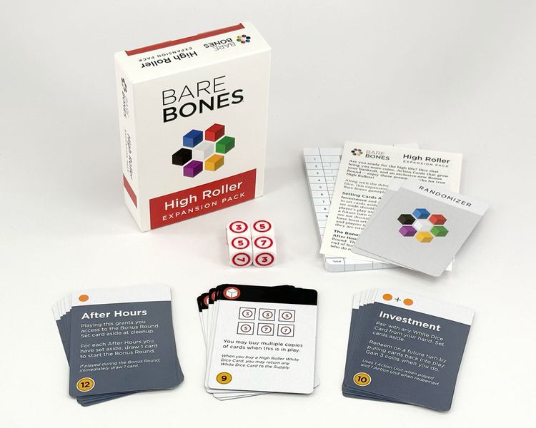 Bare Bones: High Roller Expansion Pack - Bare Bones High Roller Expansion Pack board game cards with colorful hexagon logo and white box on white background.