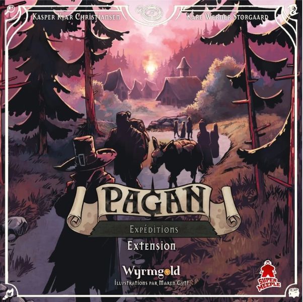 Pagan: Expeditions into the Wild Expansion (PREORDER) - Board game box featuring a mystical sunset forest scene with travelers and animals, purple and orange hues, Pagan.