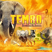 TEMBO: Survival on the Savanna (PREORDER) - Bright yellow-orange game box featuring an illustrated elephant, baby elephant, zebra, and rhino on savanna background with.