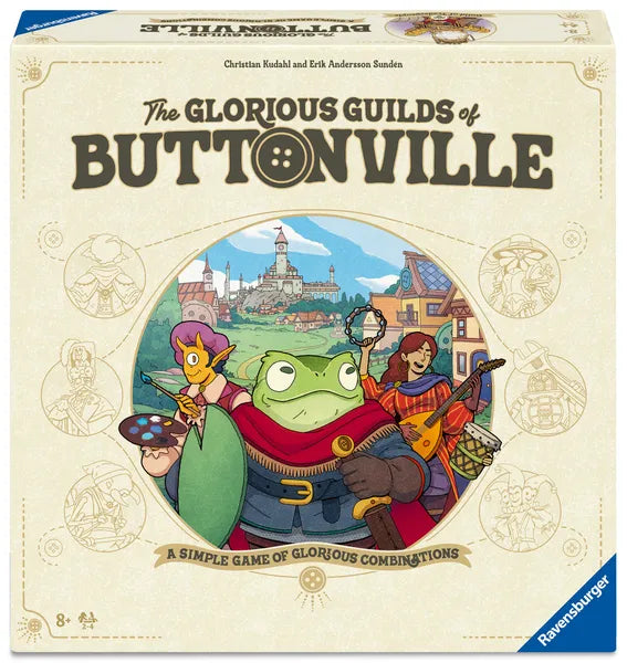 The Glorious Guilds of Buttonville - Square board game box with a fantasy illustration of a frog in a royal outfit, a woman with a lute, and a colorful town in.
